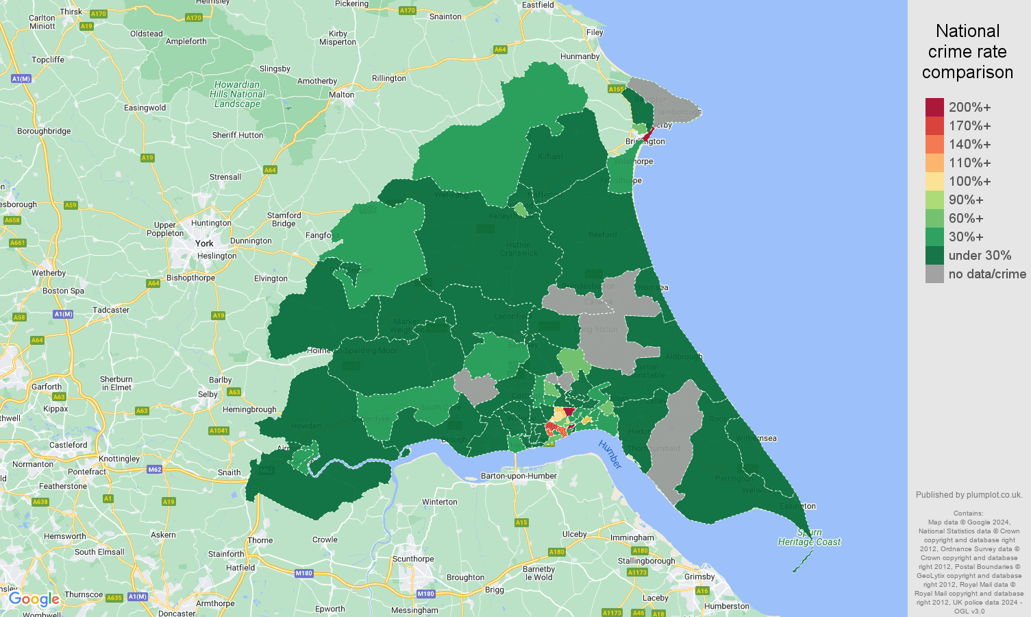East Riding of Yorkshire drugs crime rate comparison map