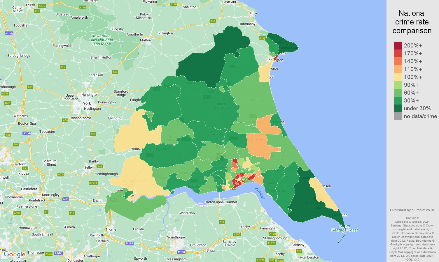 East Riding of Yorkshire other theft crime rate comparison map
