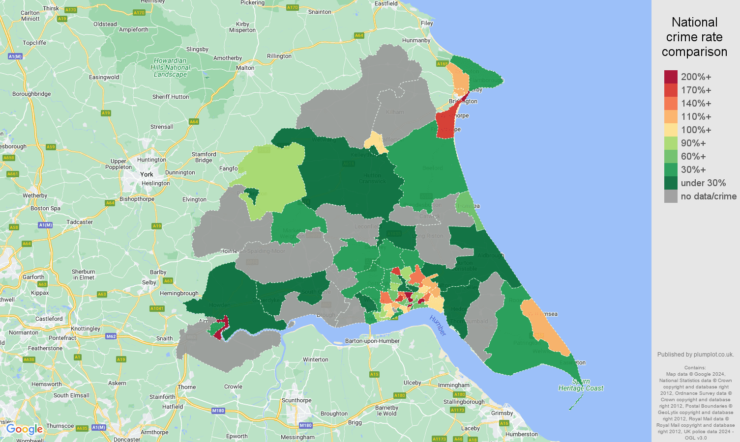 East Riding of Yorkshire possession of weapons crime rate comparison map
