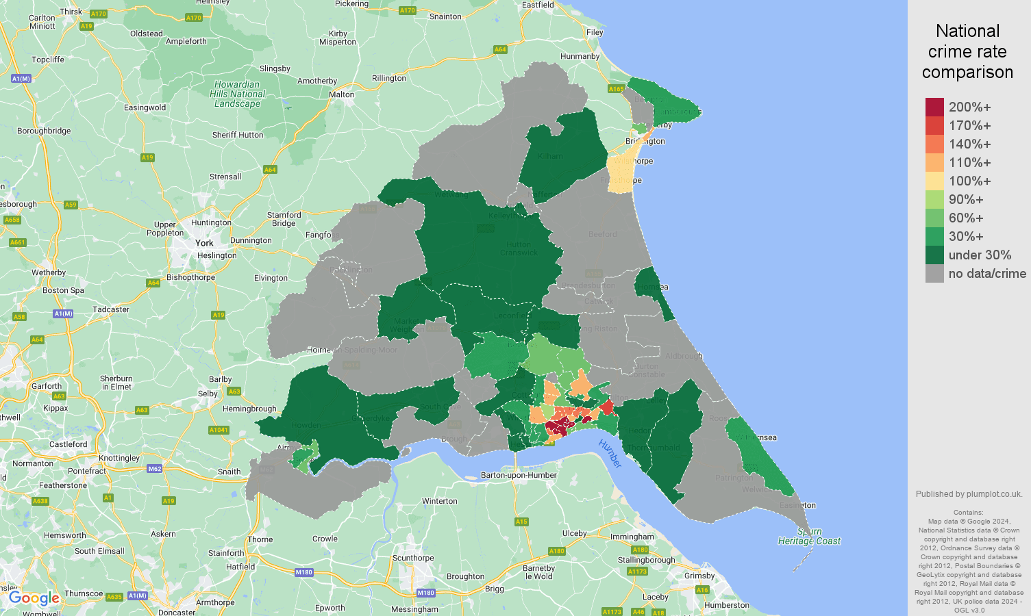 East Riding of Yorkshire robbery crime rate comparison map