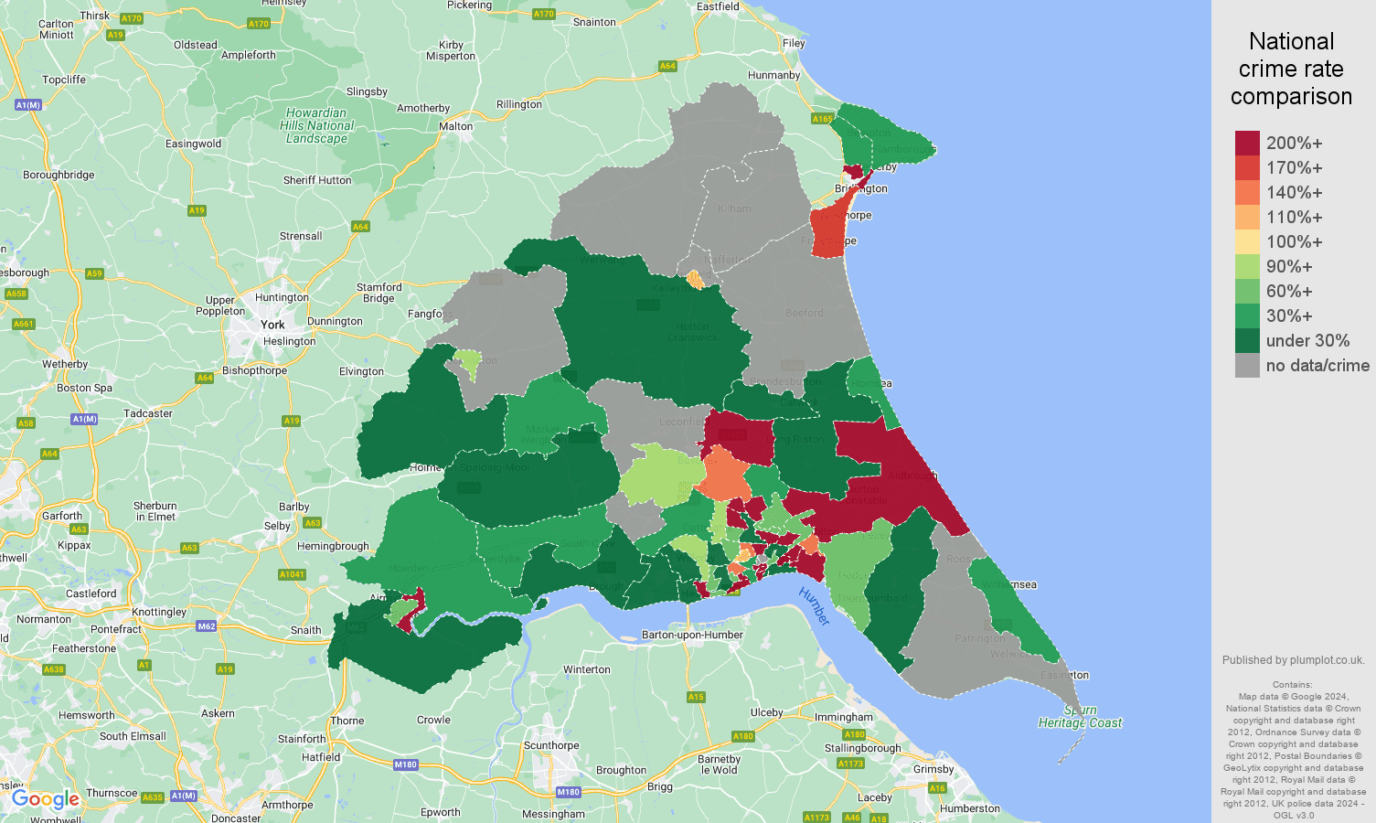 East Riding of Yorkshire shoplifting crime rate comparison map