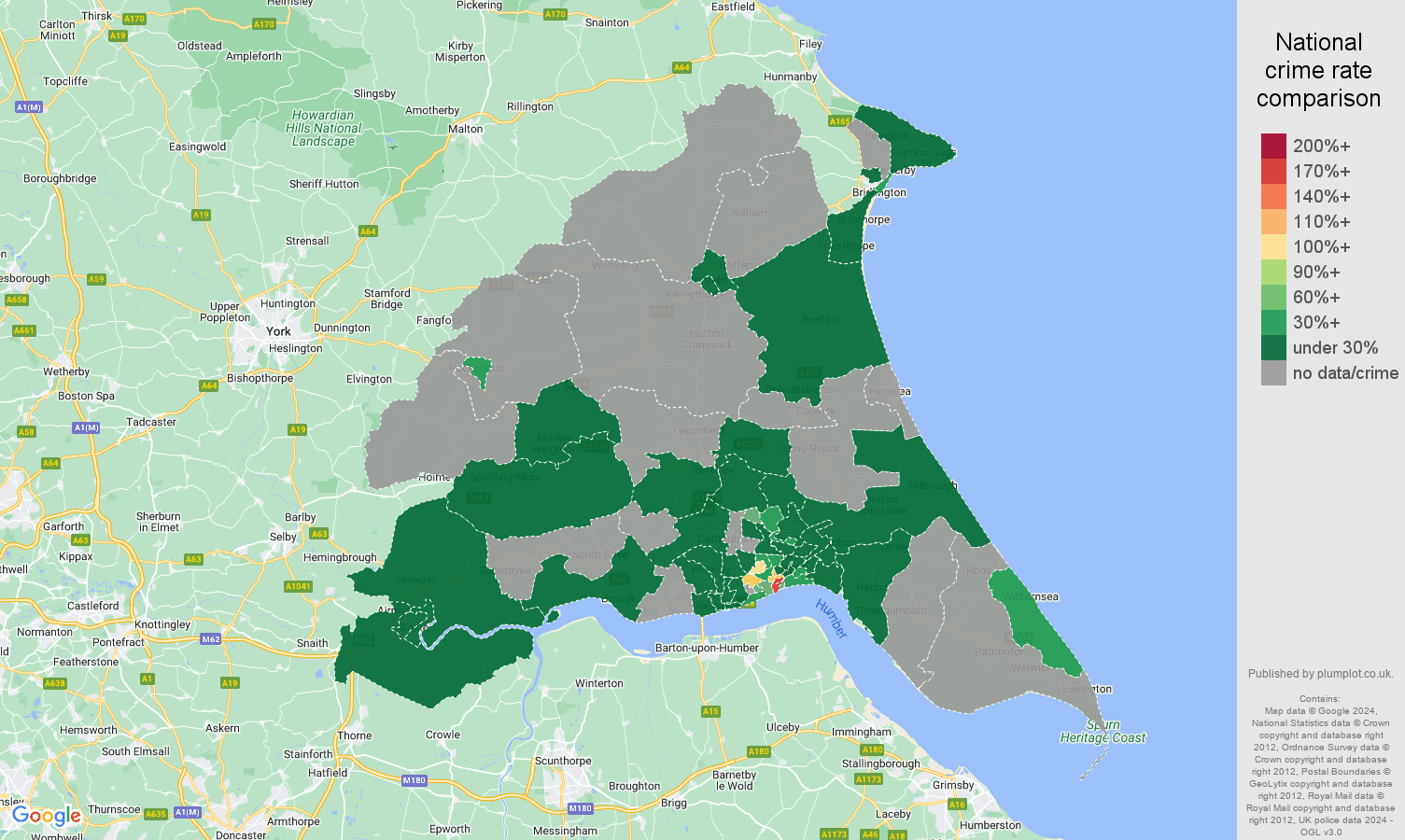 East Riding of Yorkshire theft from the person crime rate comparison map