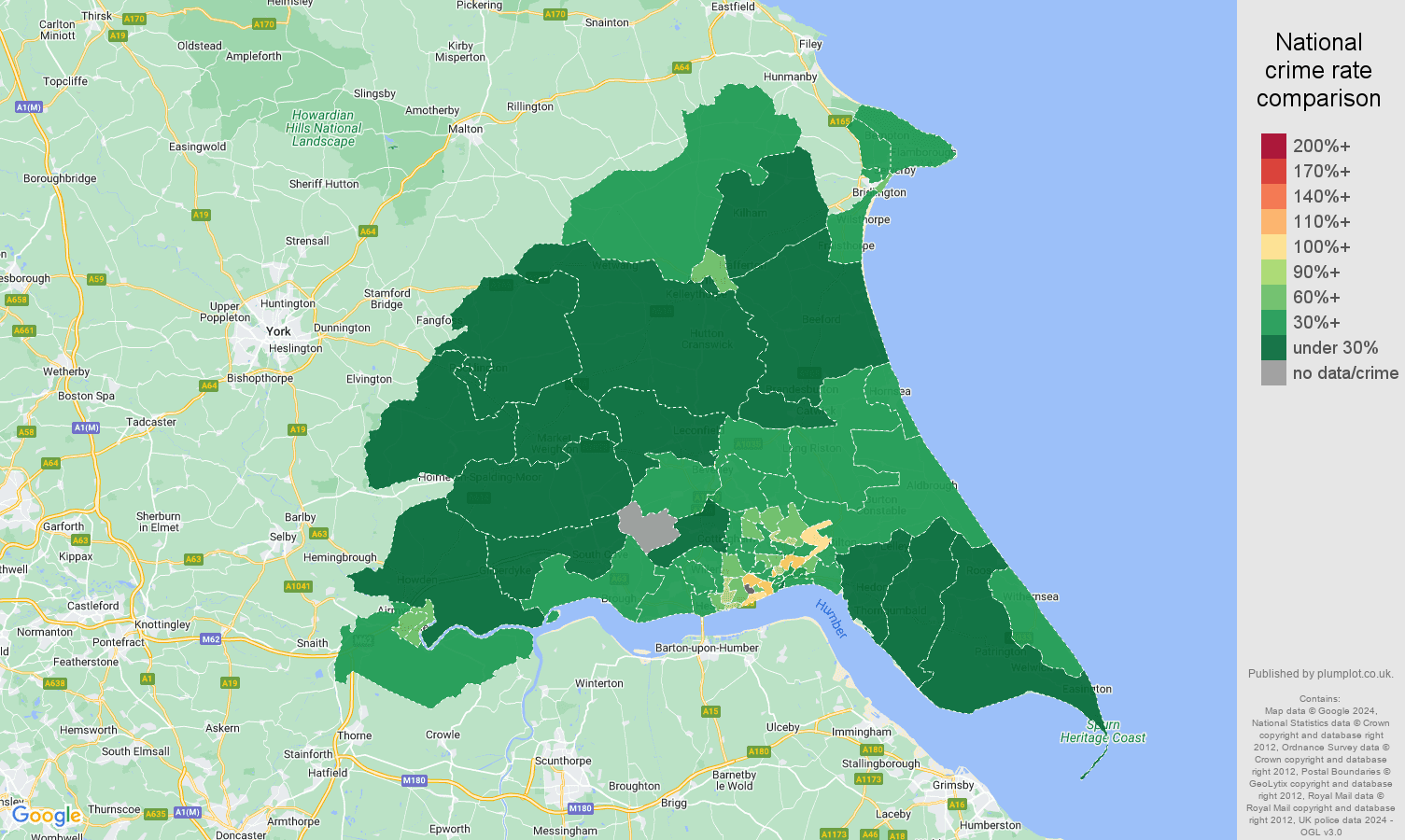 East Riding of Yorkshire vehicle crime rate comparison map