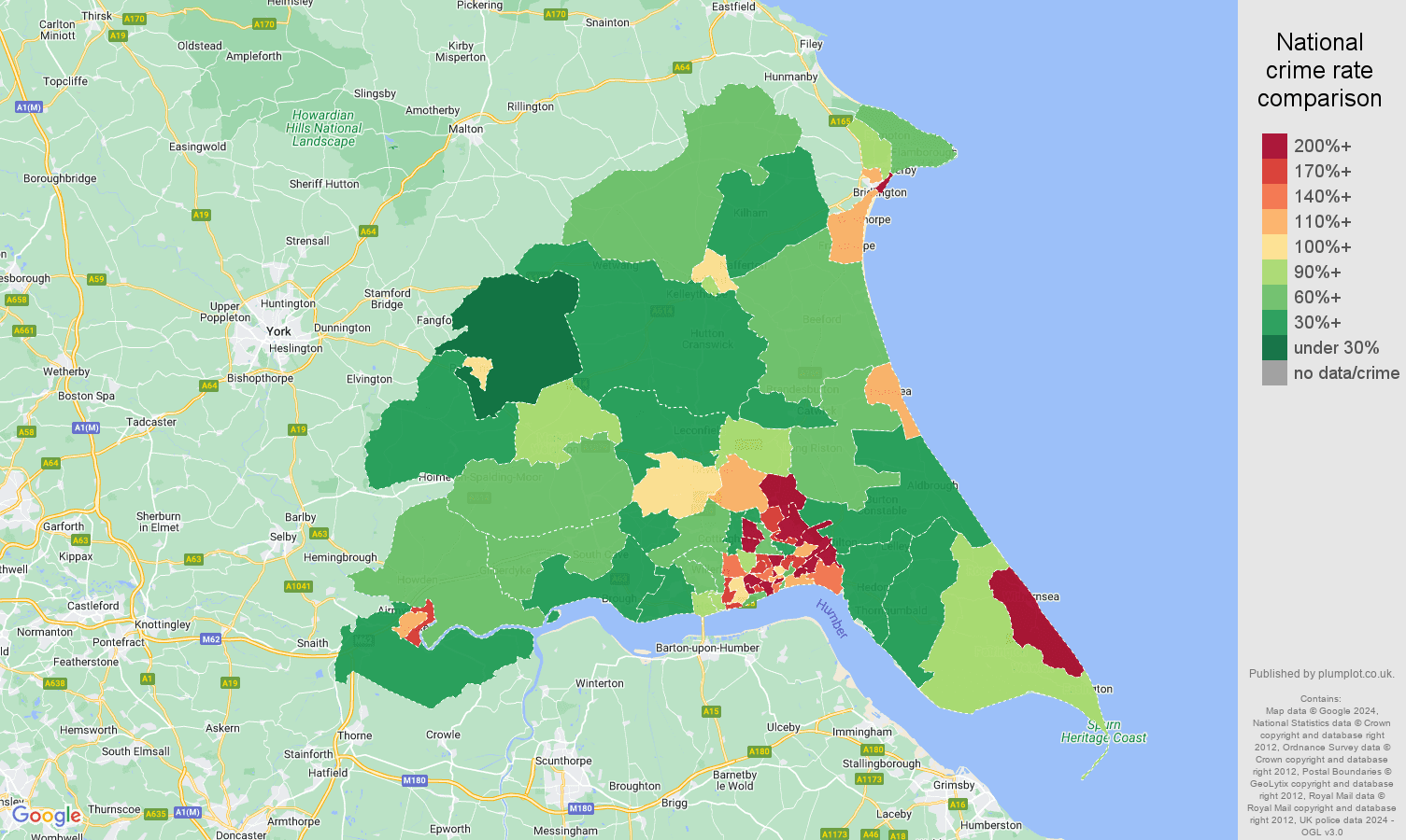 East Riding of Yorkshire violent crime rate comparison map