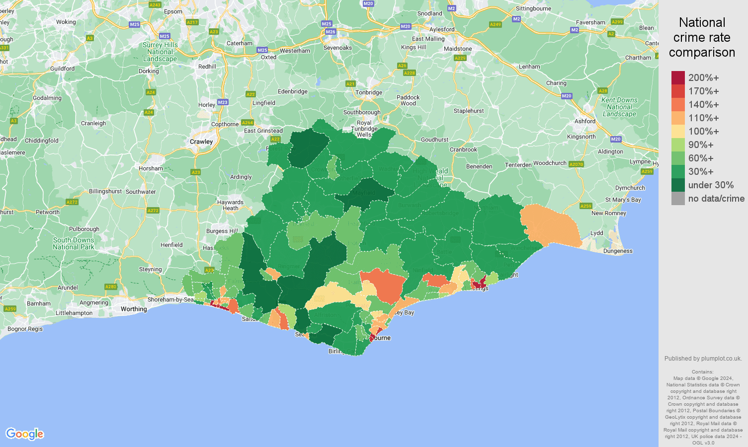 East Sussex antisocial behaviour crime rate comparison map