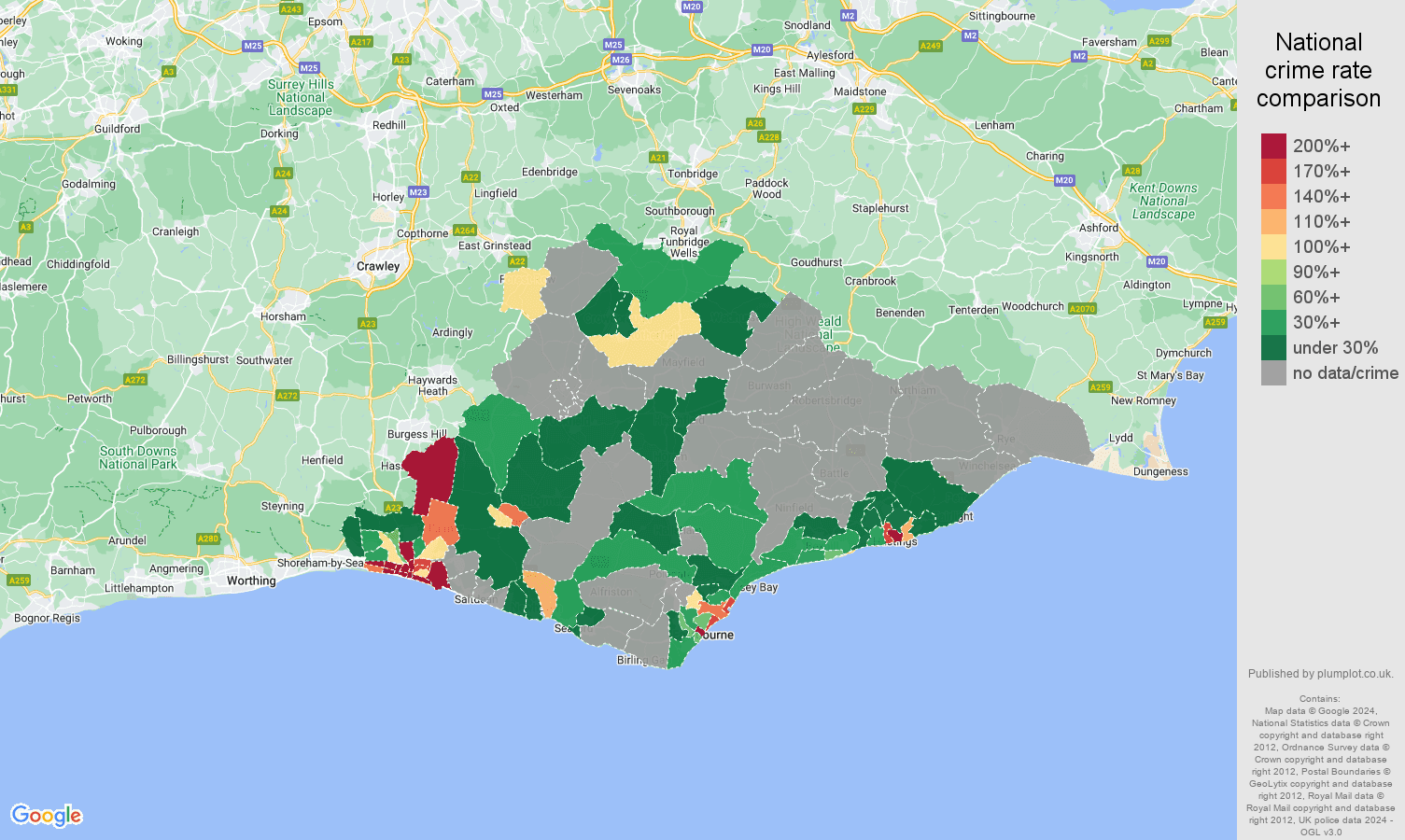 East Sussex bicycle theft crime rate comparison map