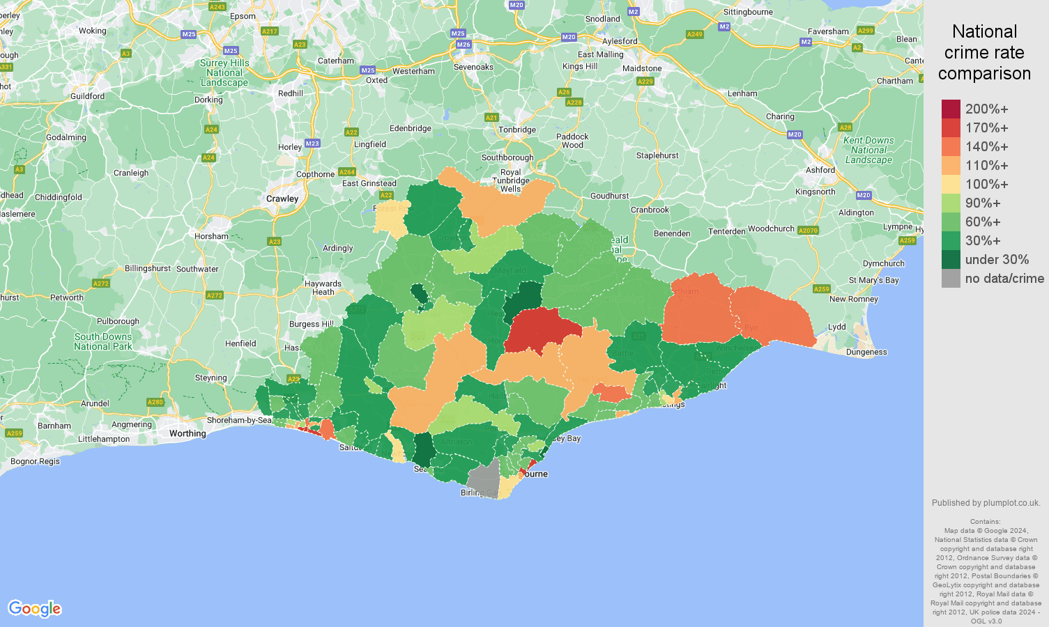 East Sussex burglary crime rate comparison map