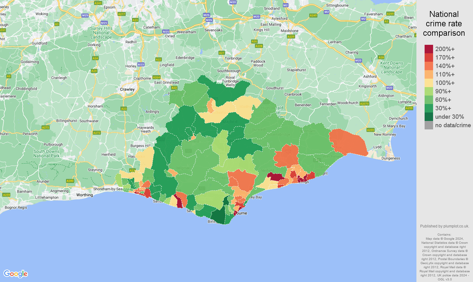East Sussex criminal damage and arson crime rate comparison map