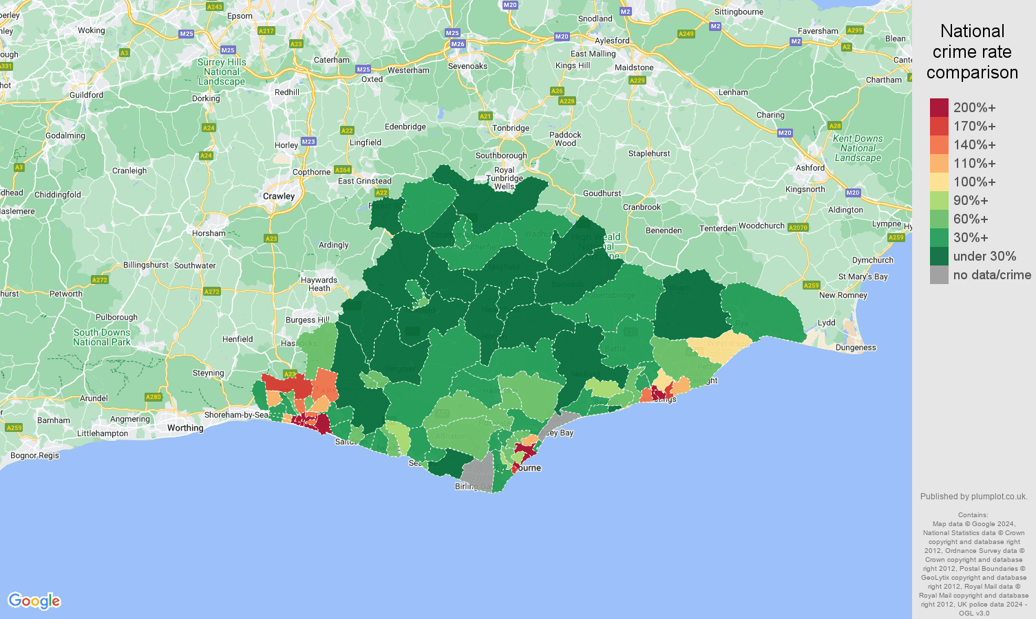 East Sussex drugs crime rate comparison map