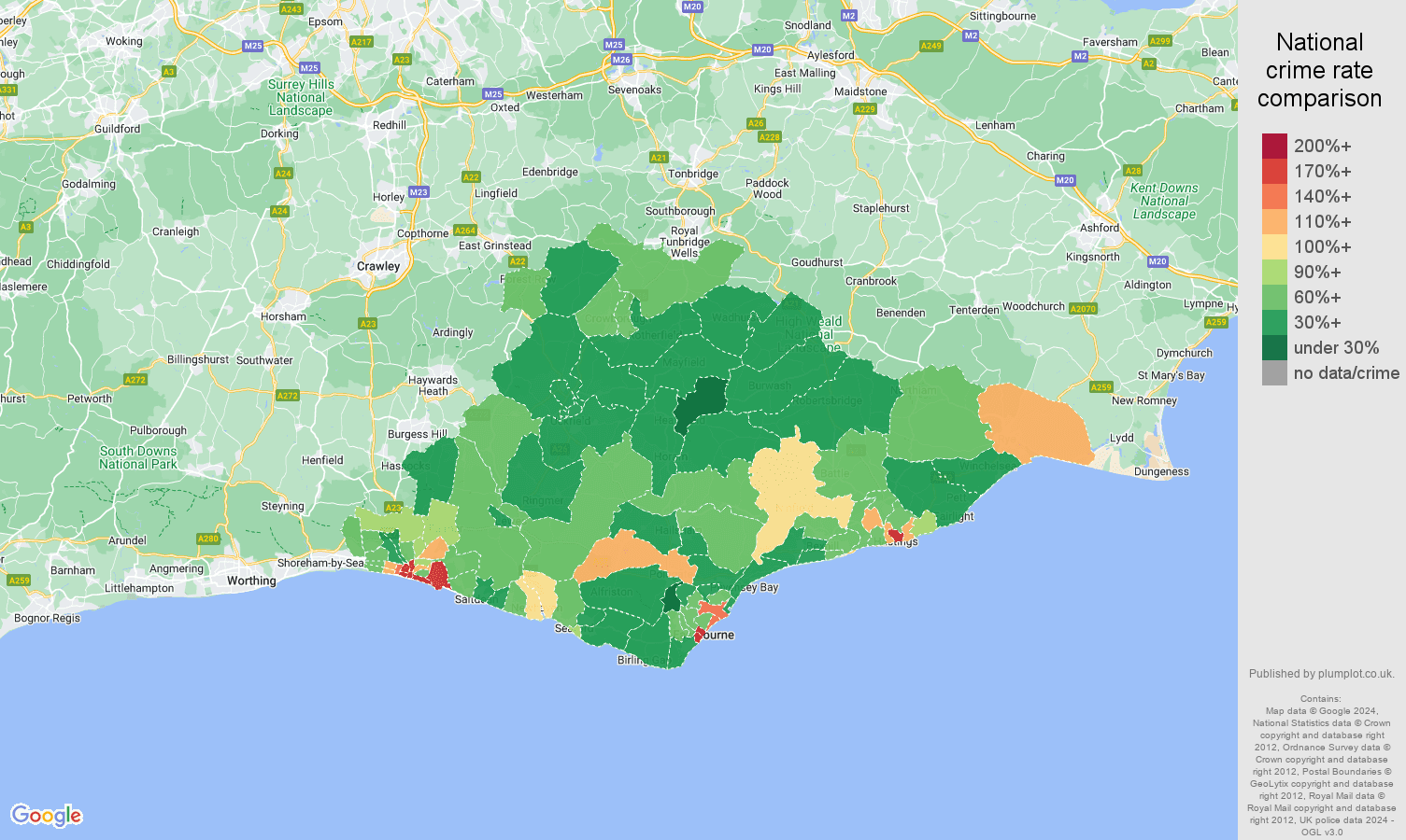 East Sussex other theft crime rate comparison map