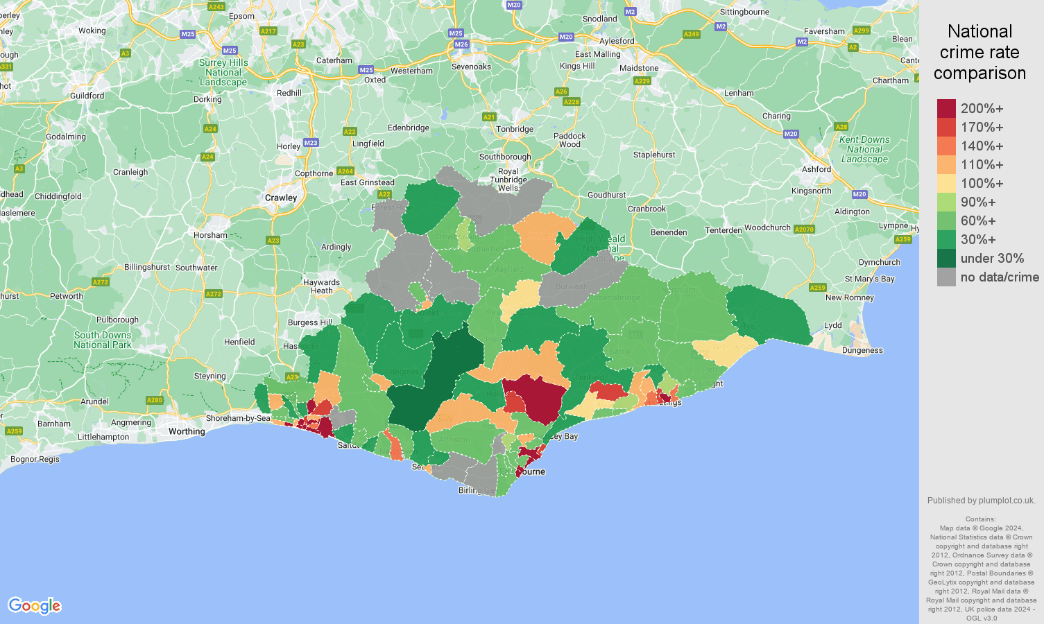East Sussex possession of weapons crime rate comparison map