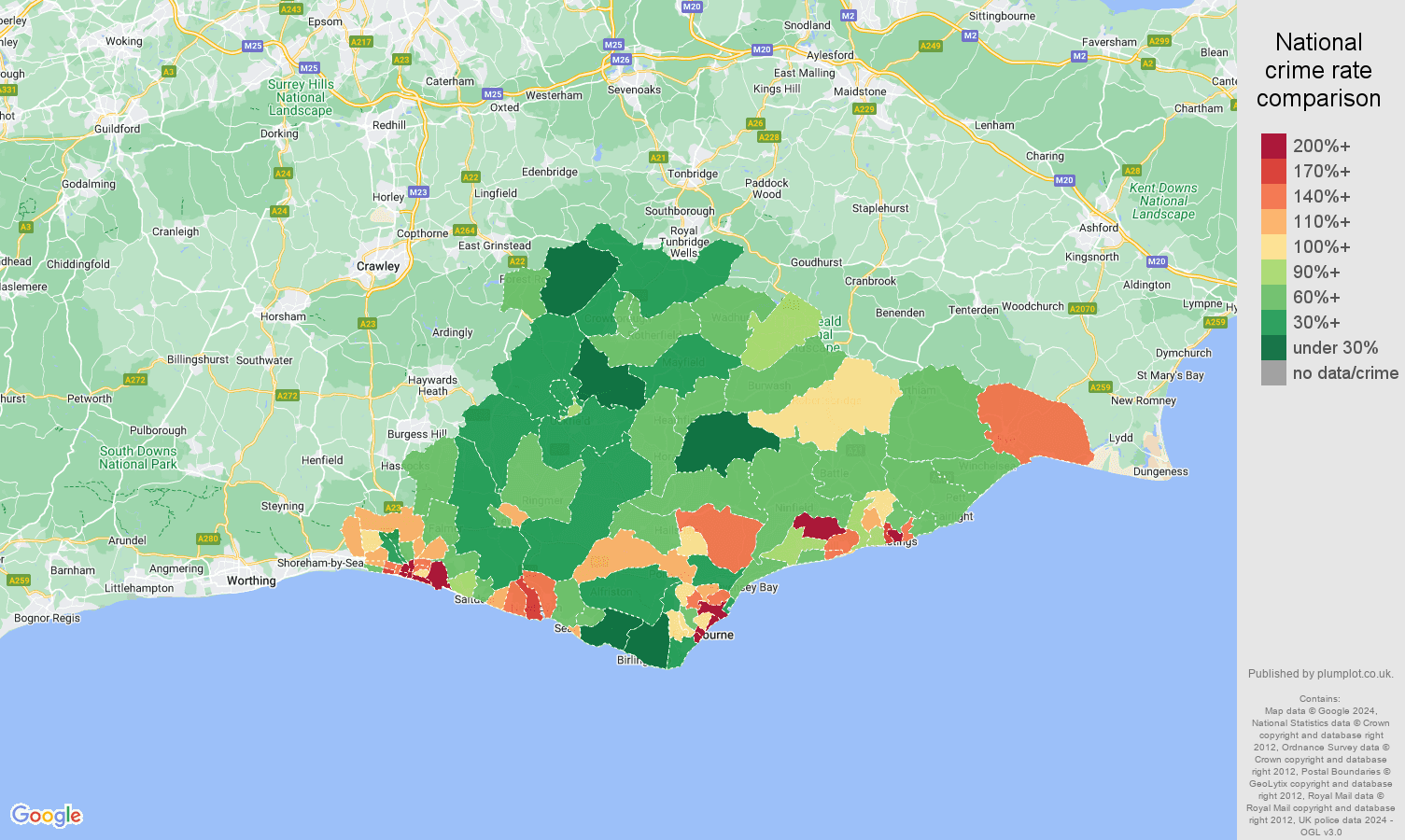 East Sussex public order crime rate comparison map