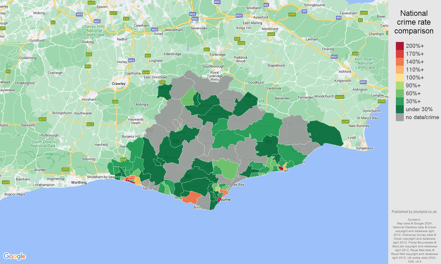 East Sussex robbery crime rate comparison map