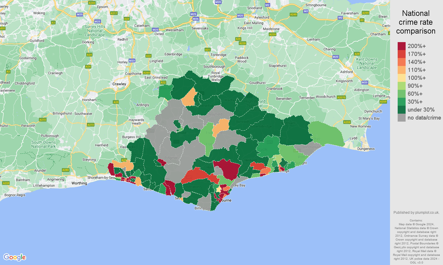 East Sussex shoplifting crime rate comparison map
