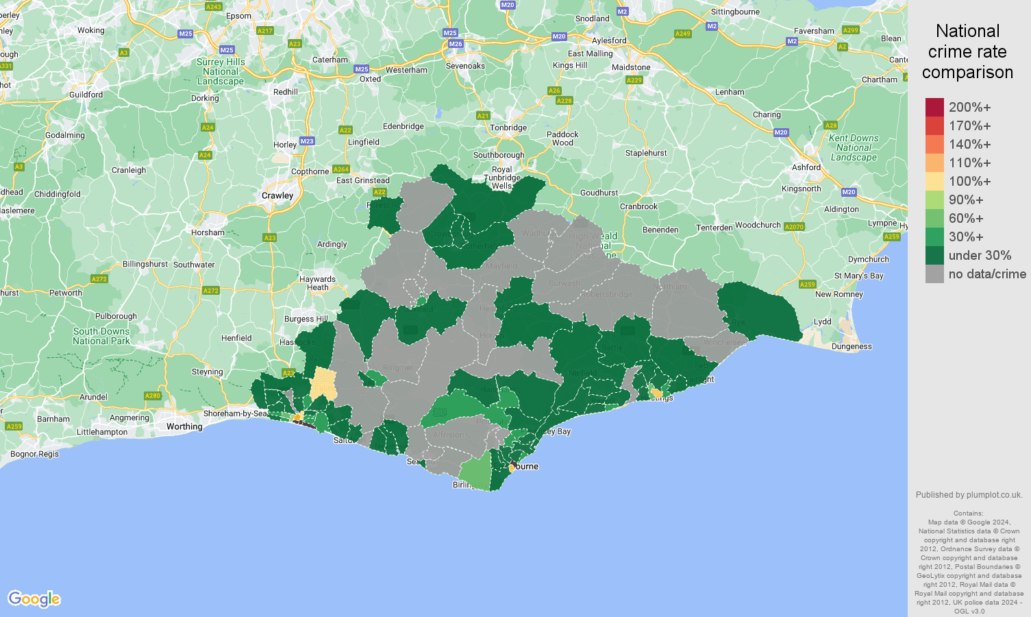 East Sussex theft from the person crime rate comparison map