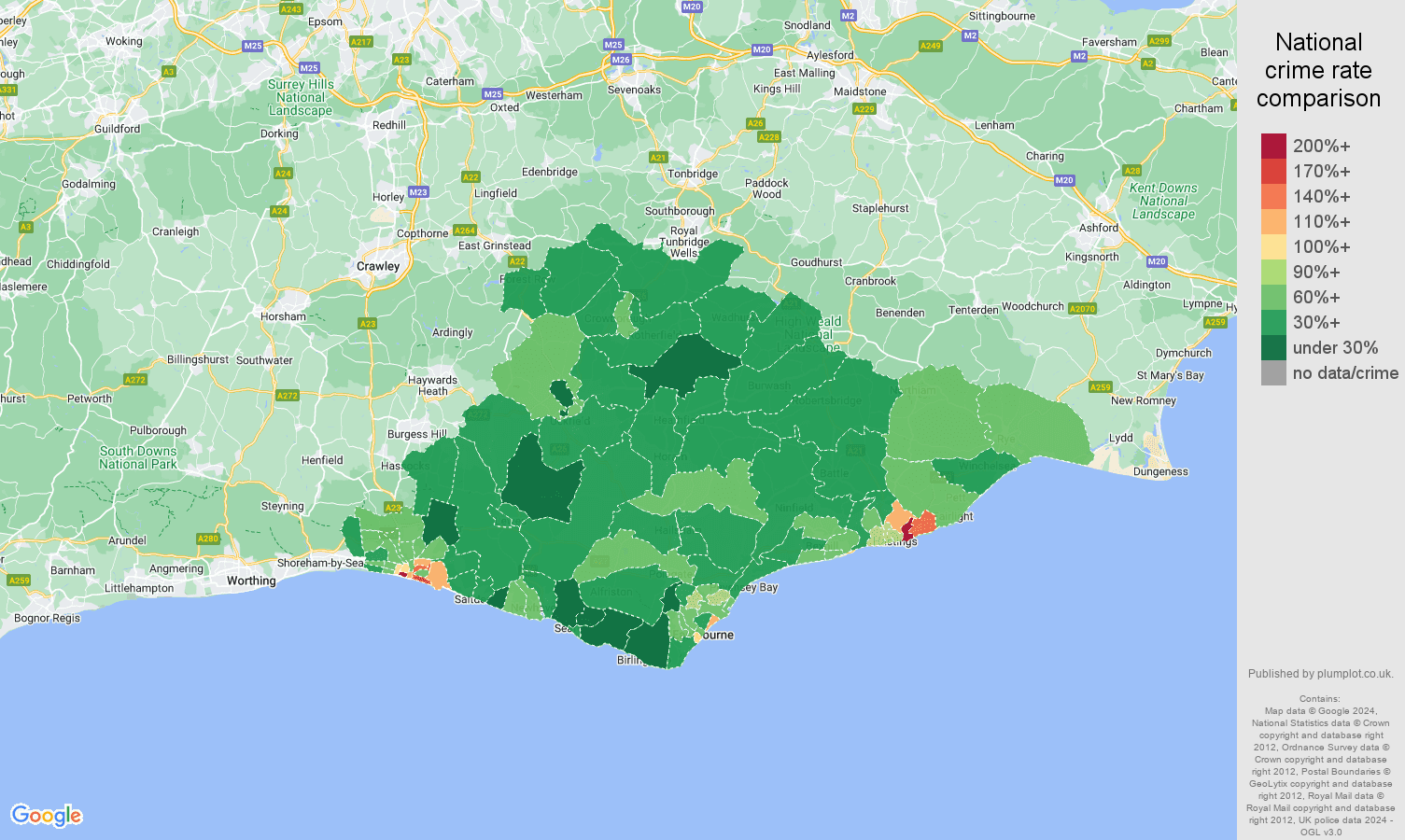 East Sussex vehicle crime rate comparison map