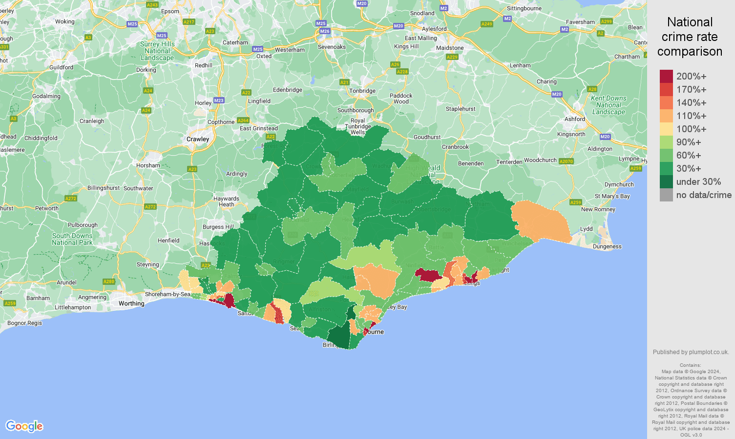 East Sussex violent crime rate comparison map