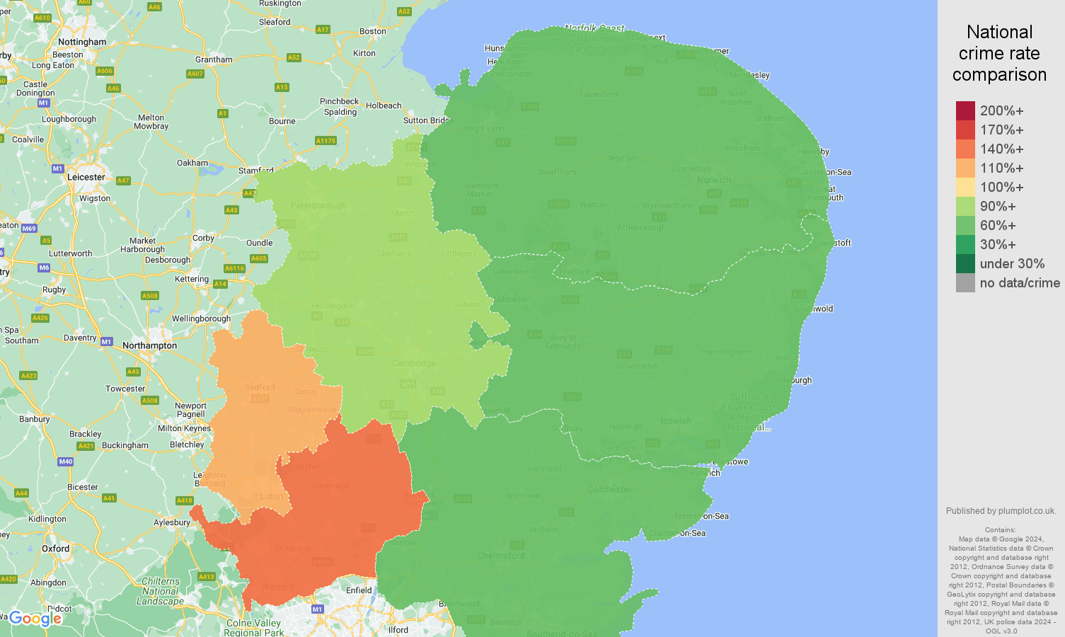 East of England antisocial behaviour crime rate comparison map