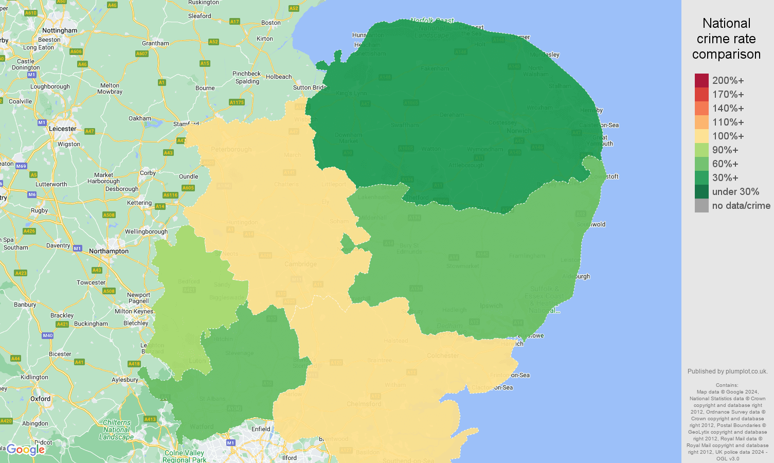 East of England burglary crime rate comparison map