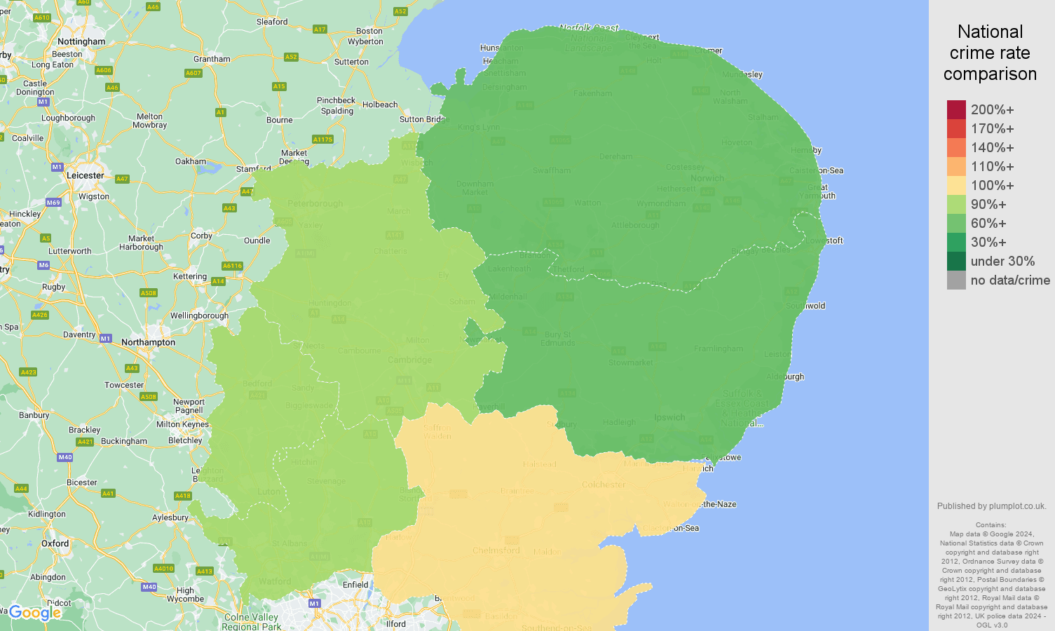 East of England crime rate comparison map
