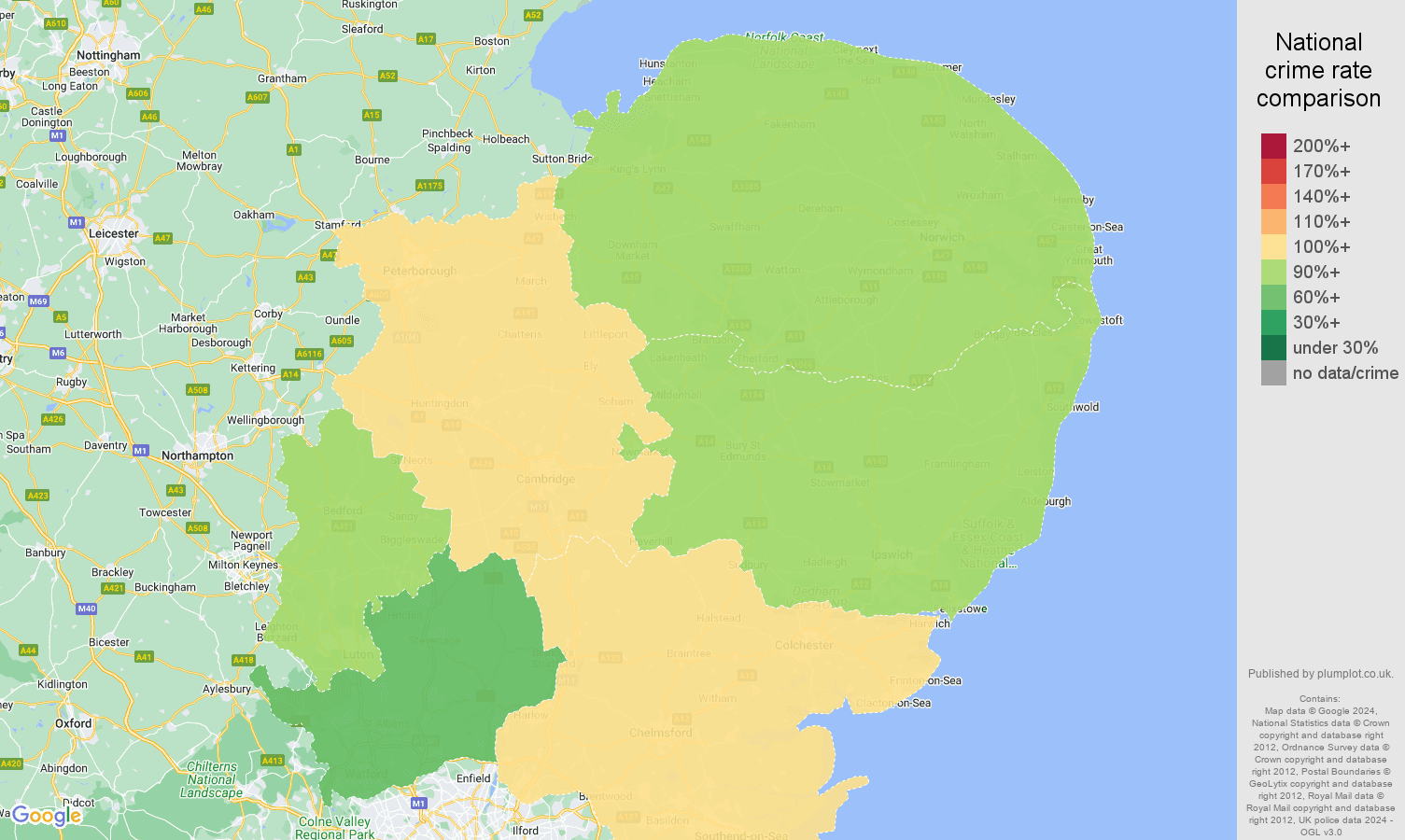 East of England criminal damage and arson crime rate comparison map