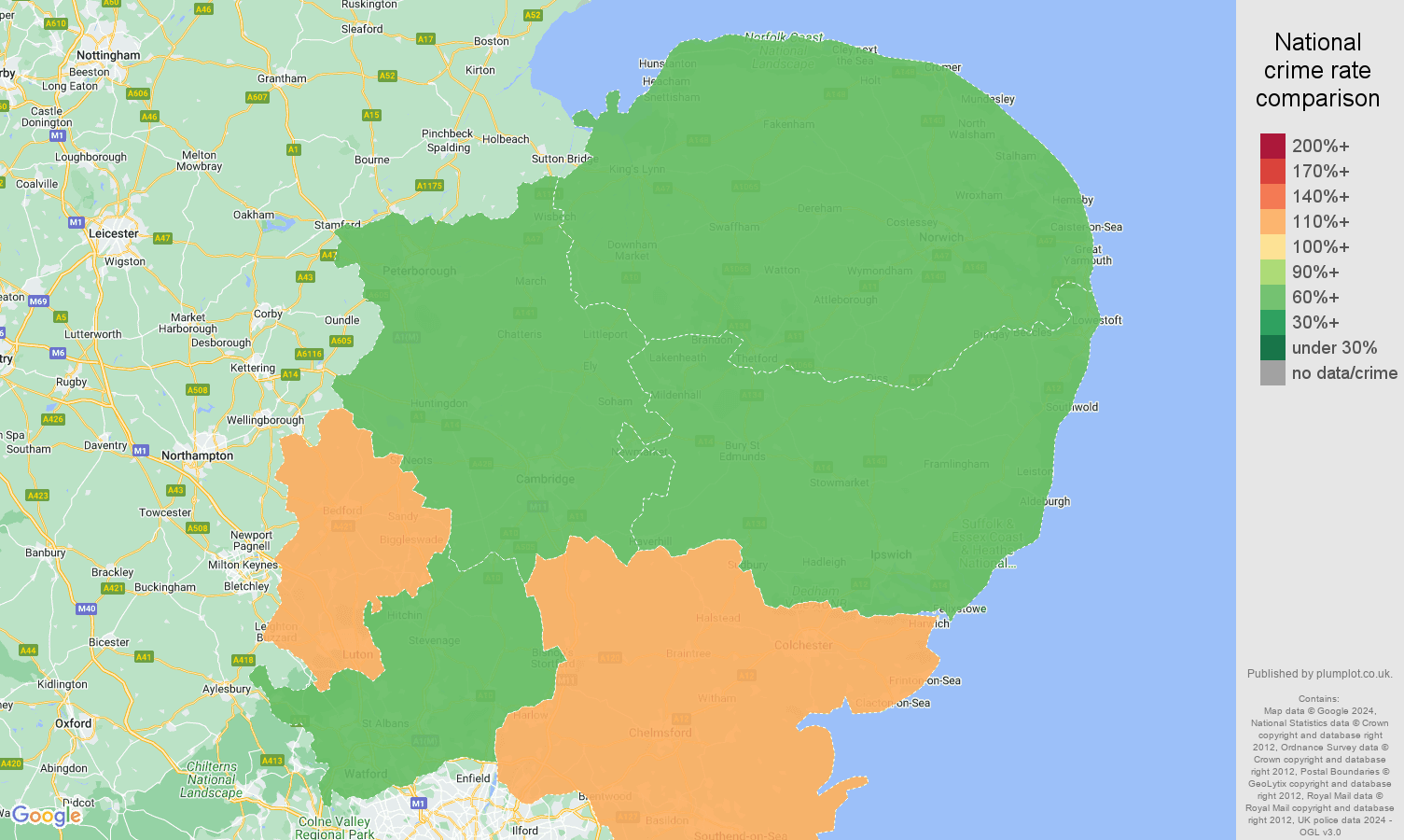 East of England drugs crime rate comparison map