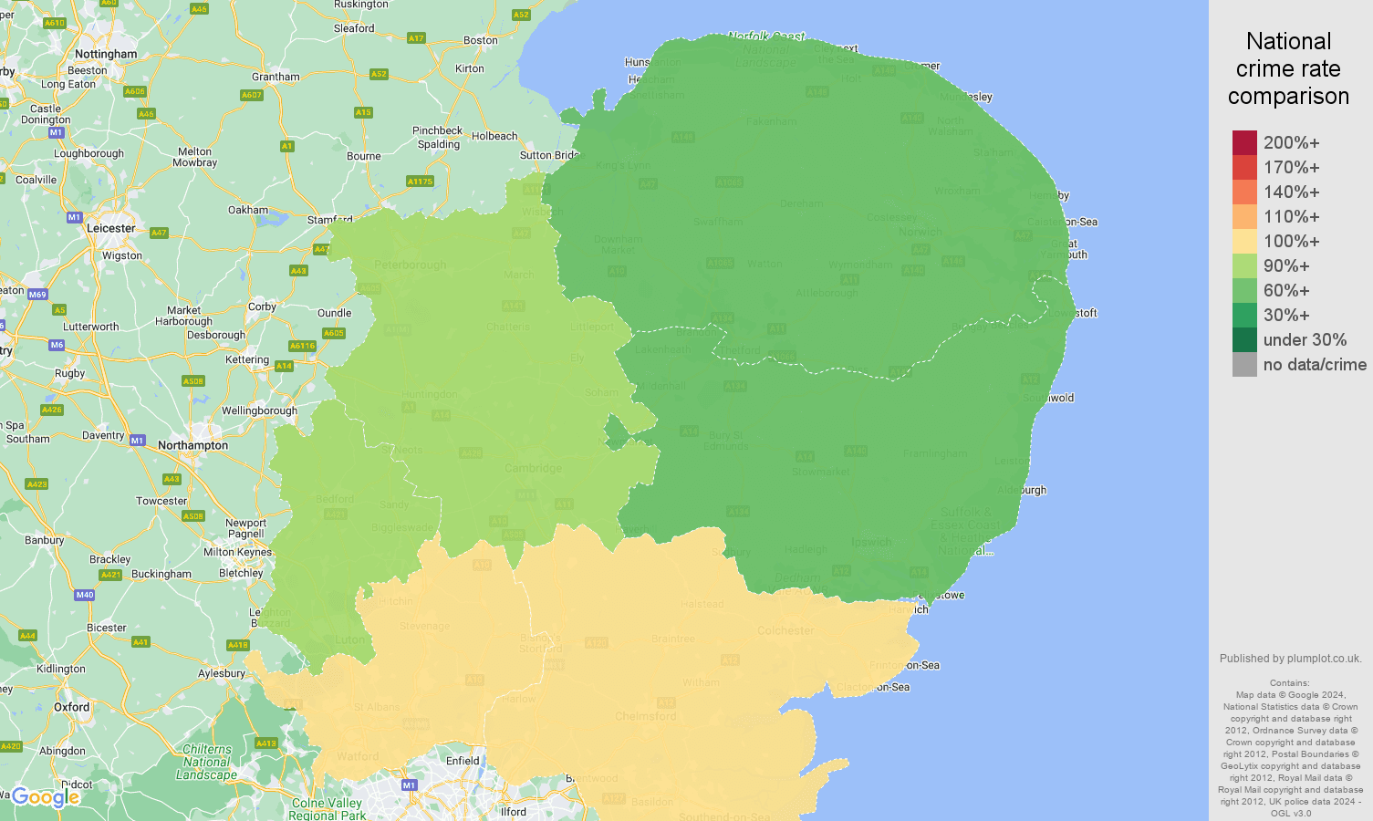 East of England other theft crime rate comparison map