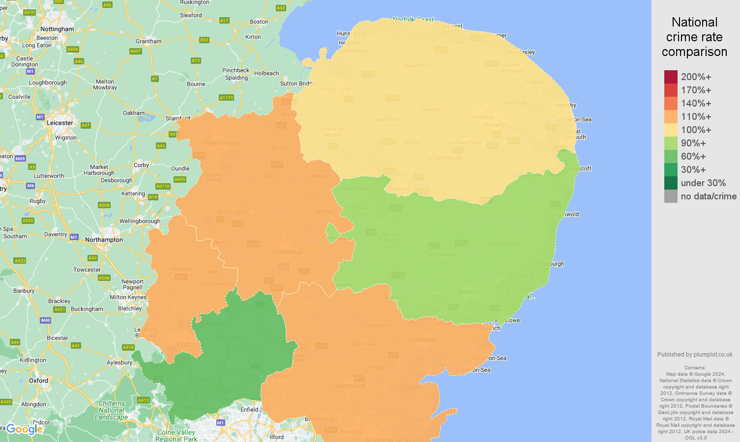 East of England possession of weapons crime rate comparison map