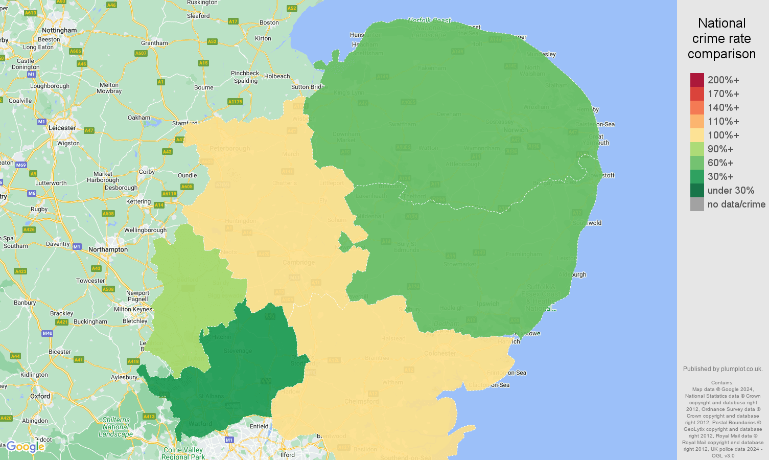 East of England public order crime rate comparison map