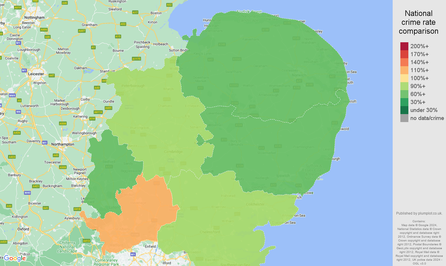 East of England shoplifting crime rate comparison map