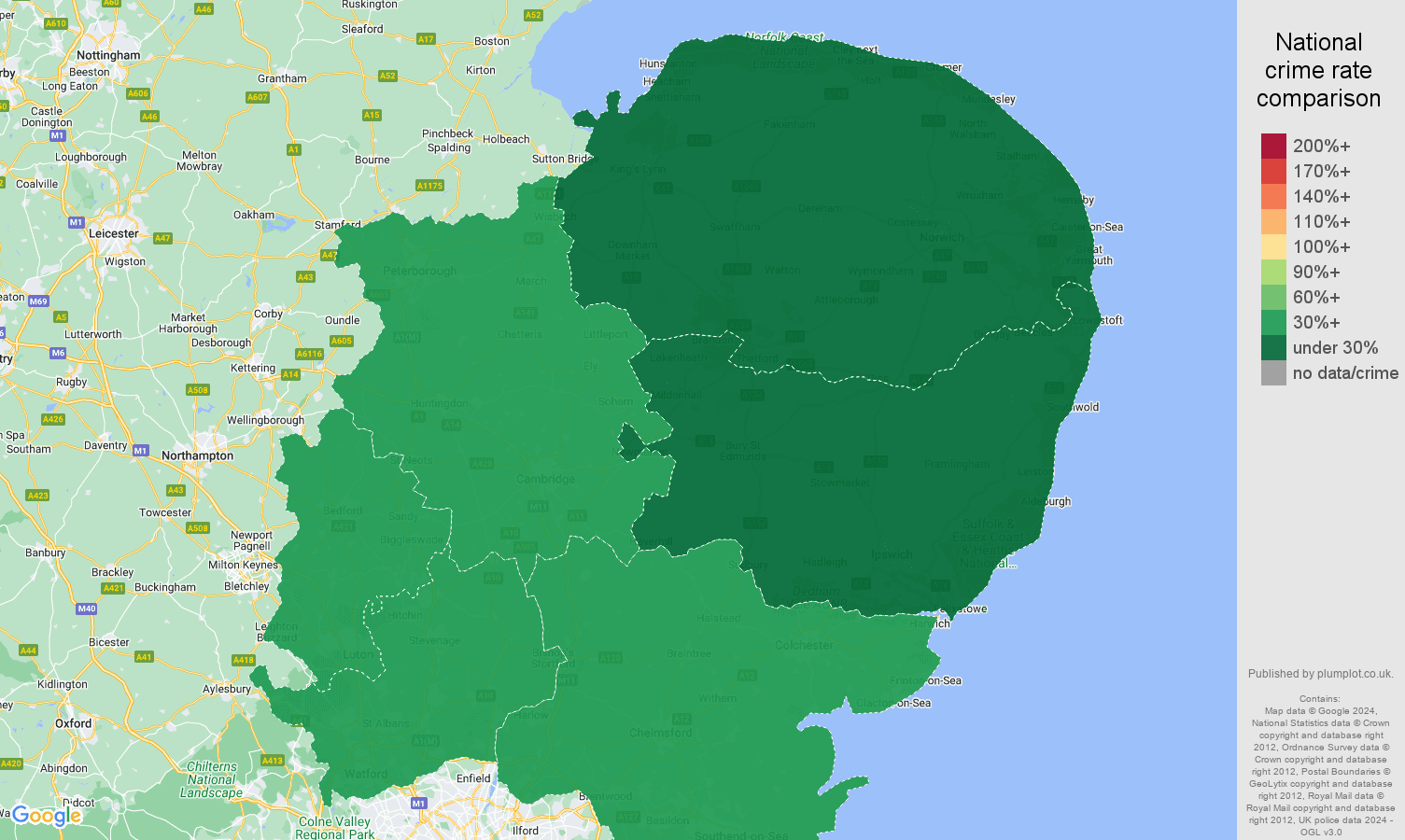 East of England theft from the person crime rate comparison map