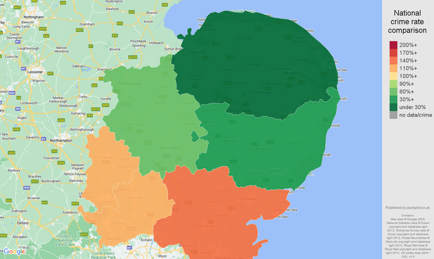 East of England vehicle crime rate comparison map