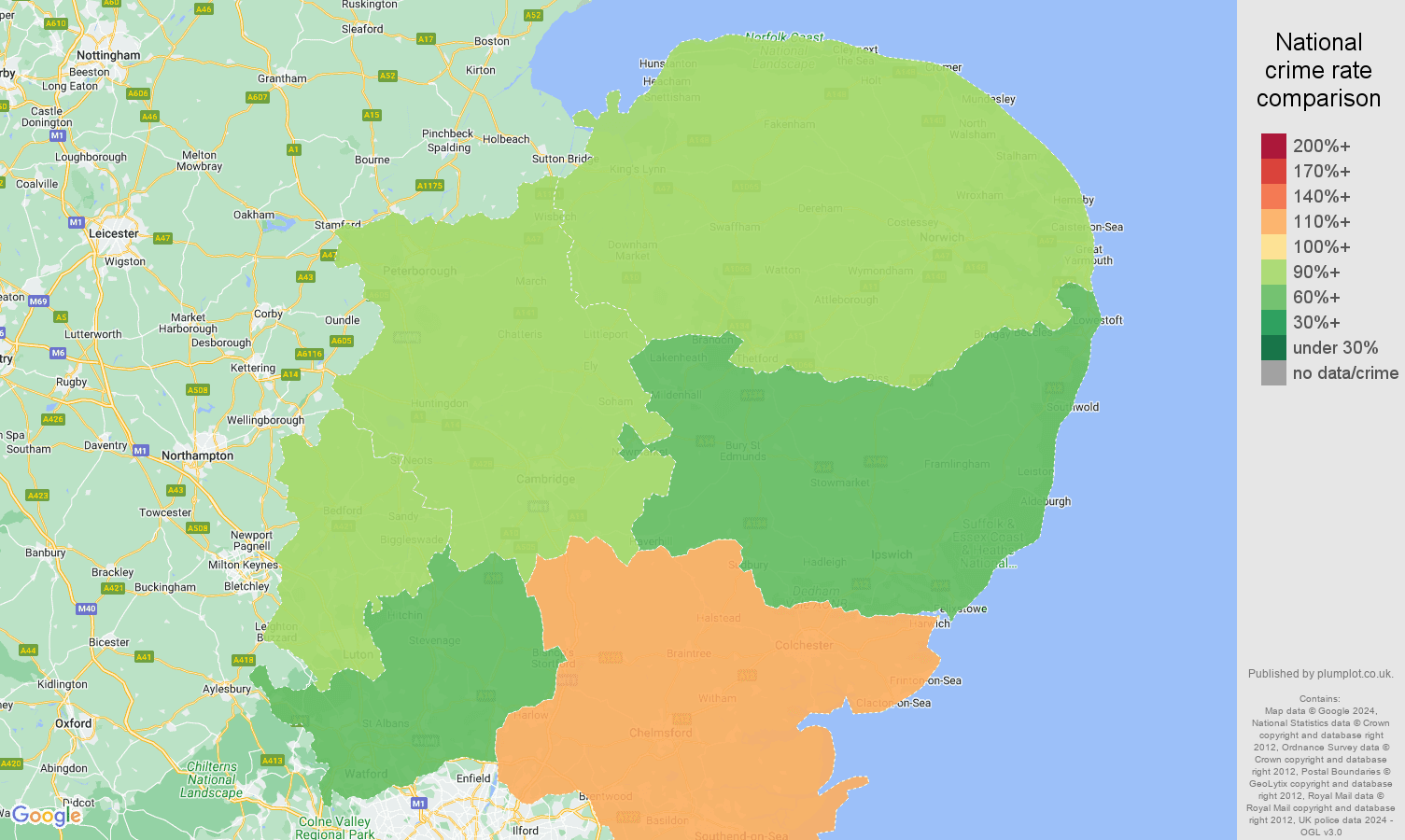 East of England violent crime rate comparison map