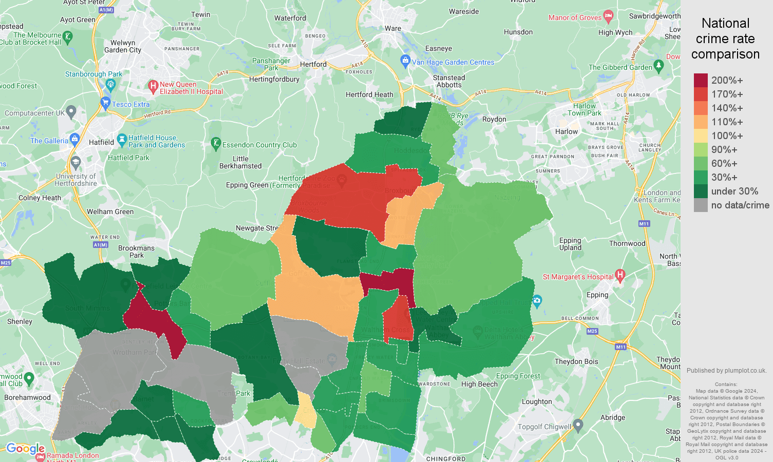 Enfield bicycle theft crime rate comparison map