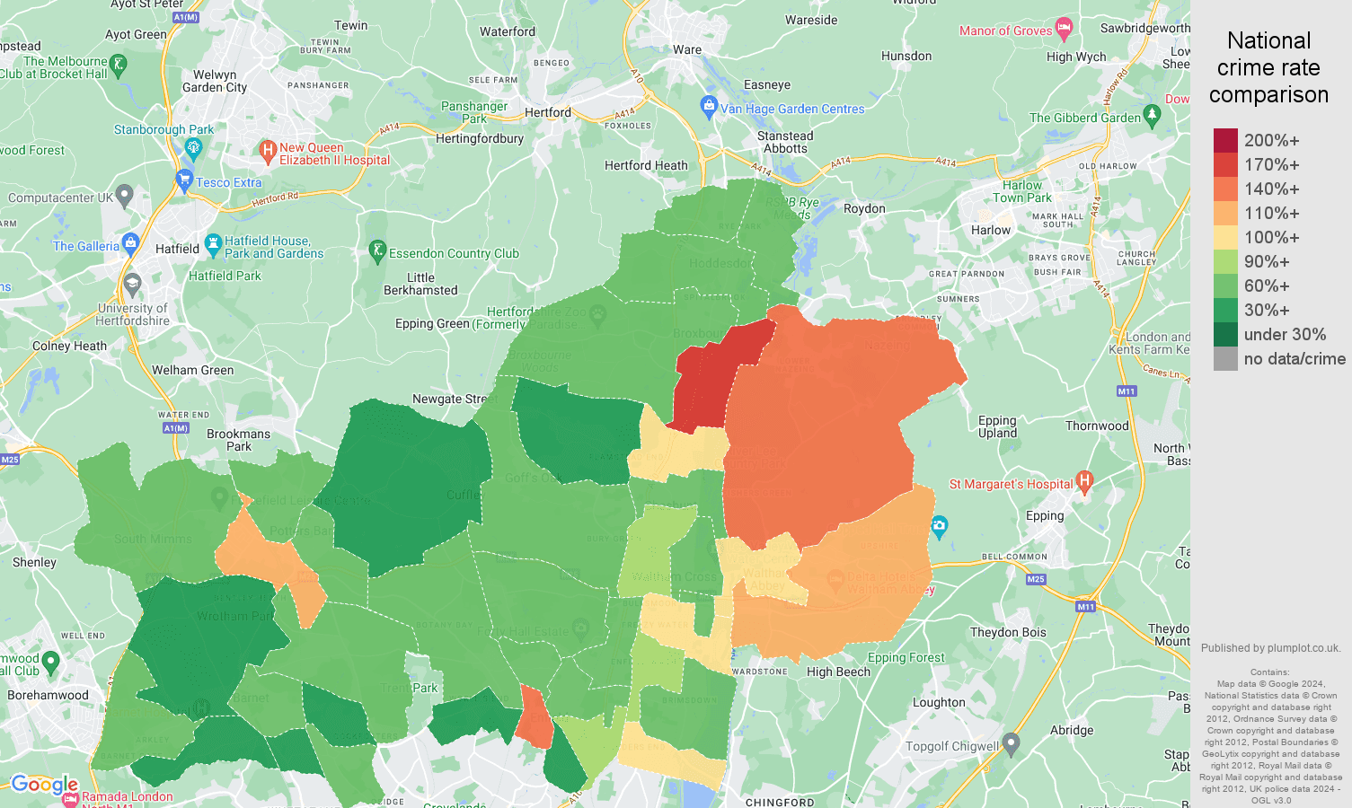 Enfield criminal damage and arson crime rate comparison map