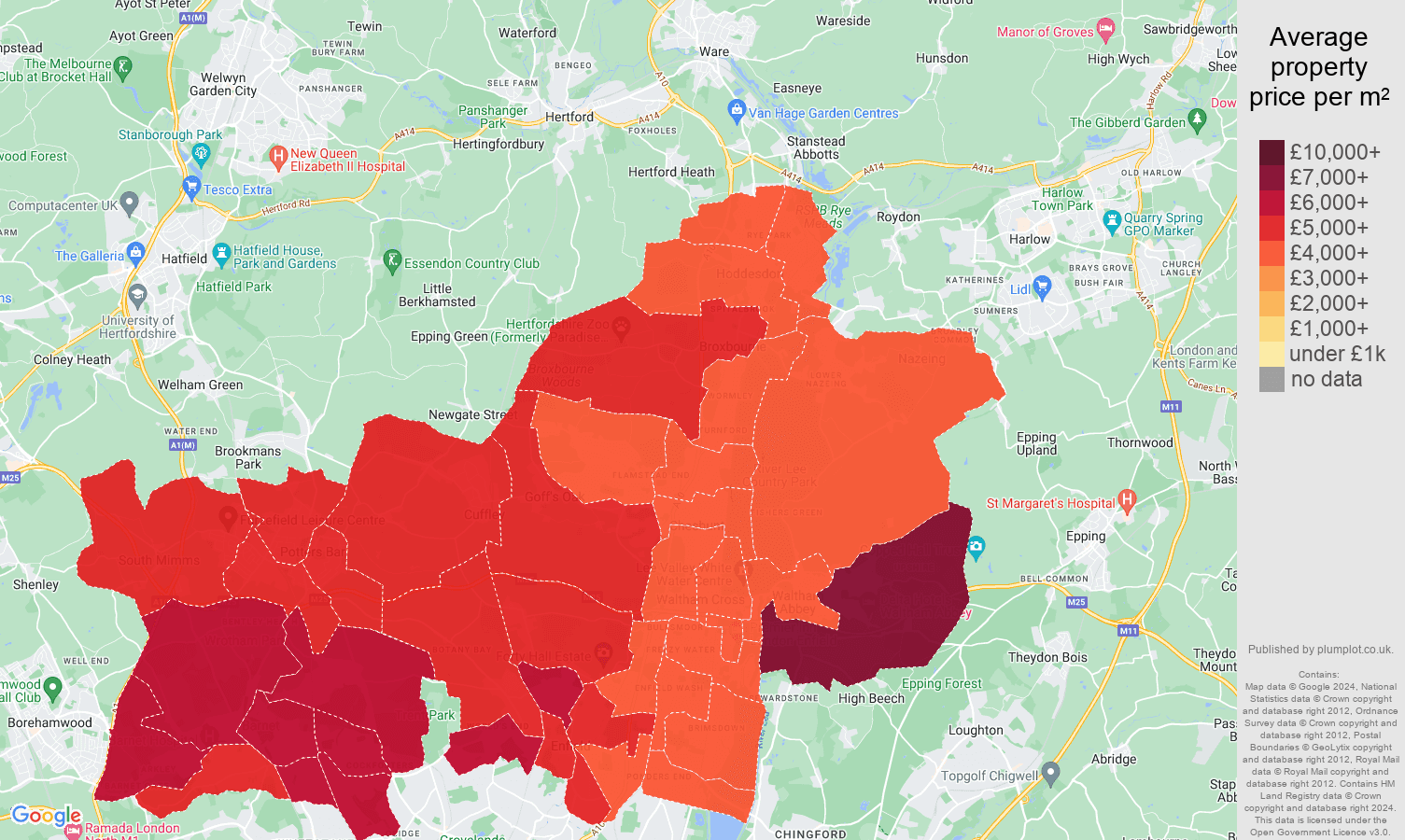 Enfield house prices per square metre map