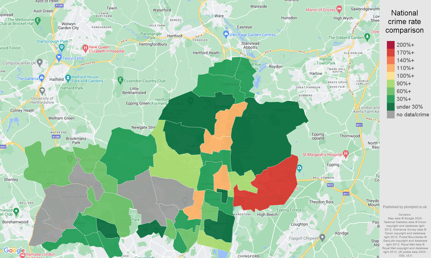 Enfield possession of weapons crime rate comparison map