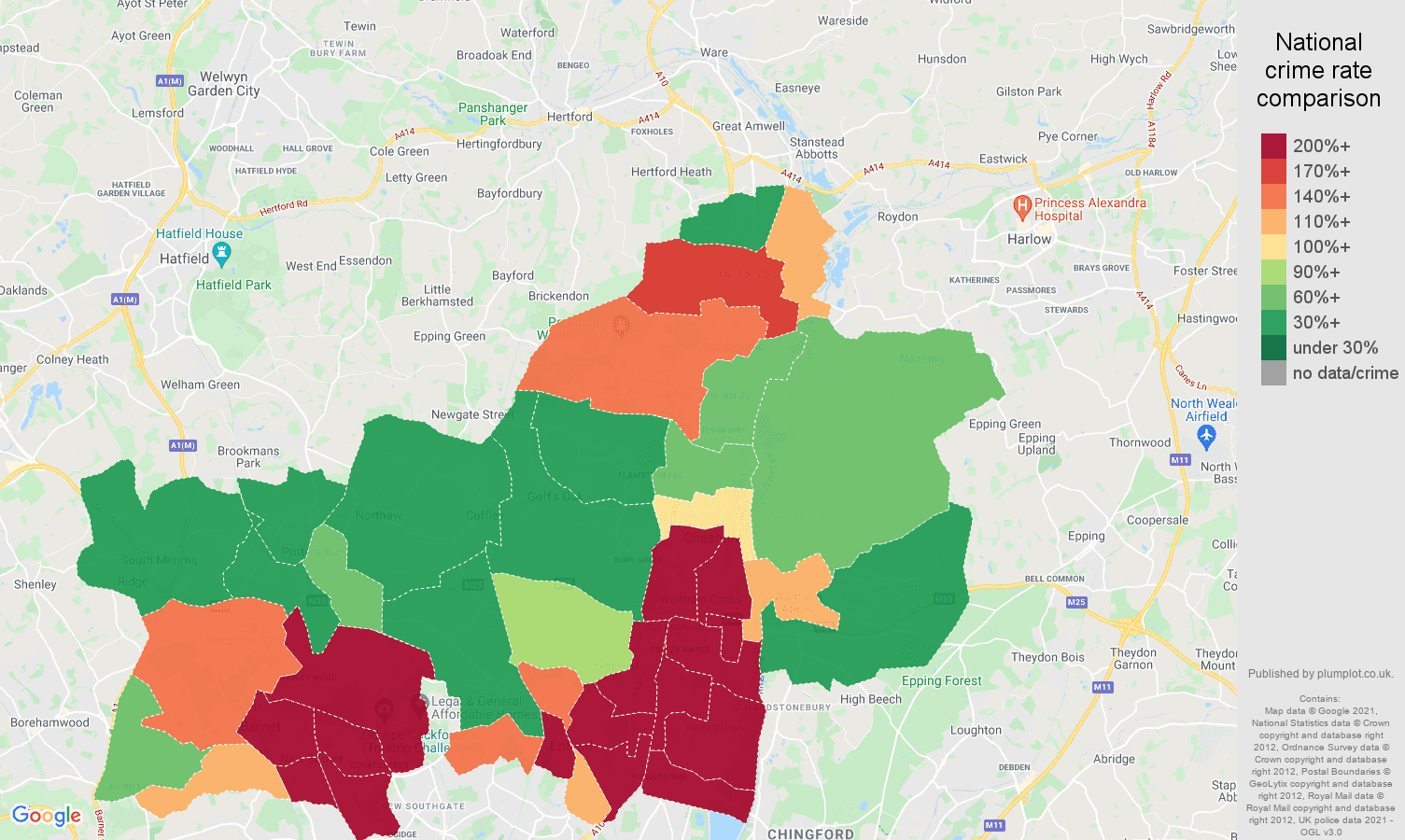 Enfield robbery crime rate comparison map
