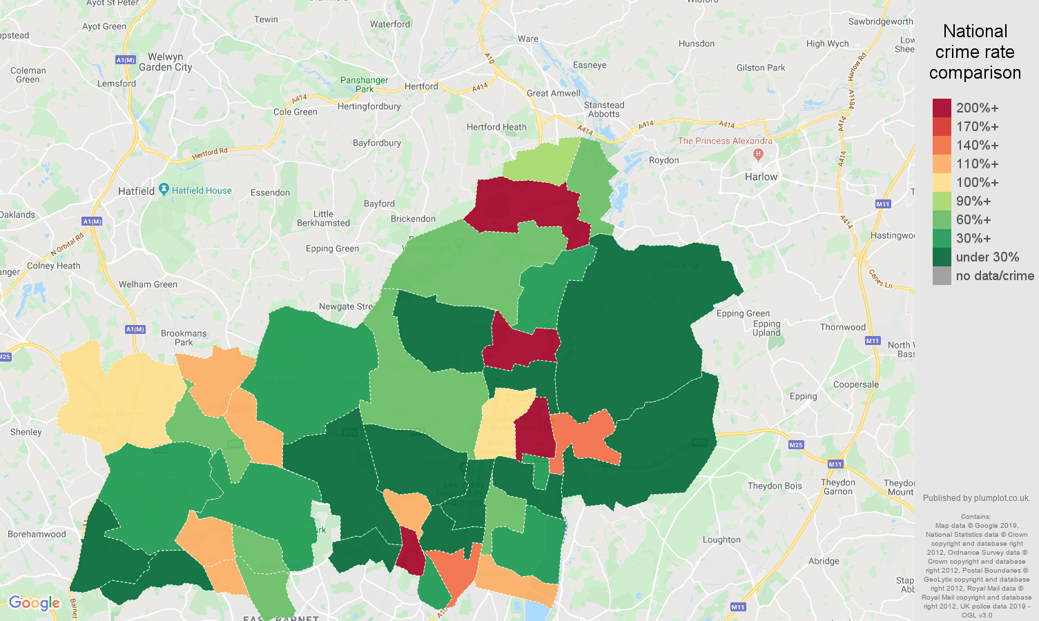 Enfield shoplifting crime rate comparison map