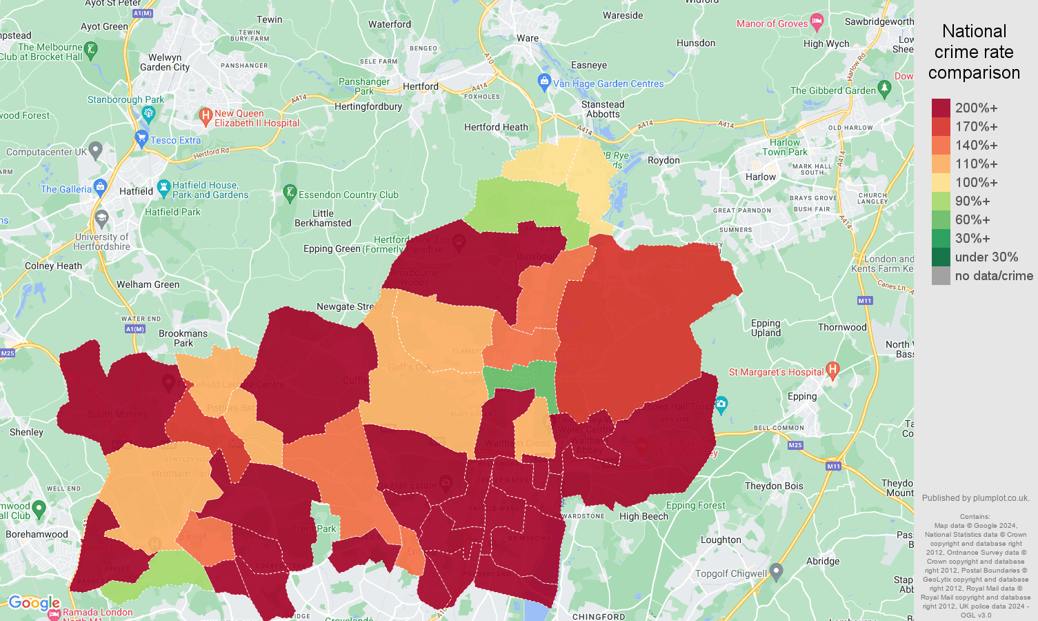 Enfield vehicle crime rate comparison map