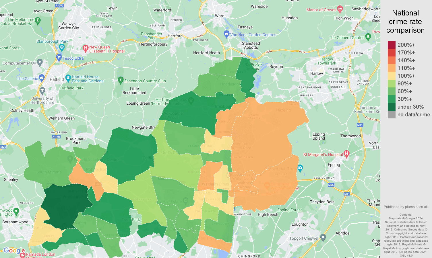 Enfield violent crime rate comparison map