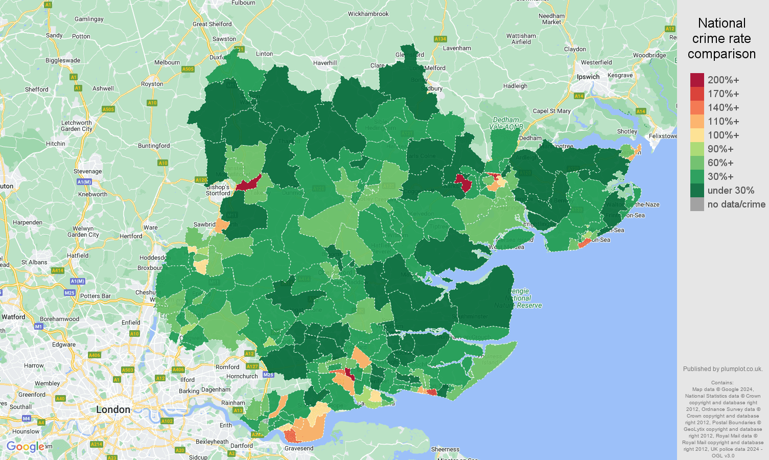 Essex antisocial behaviour crime rate comparison map