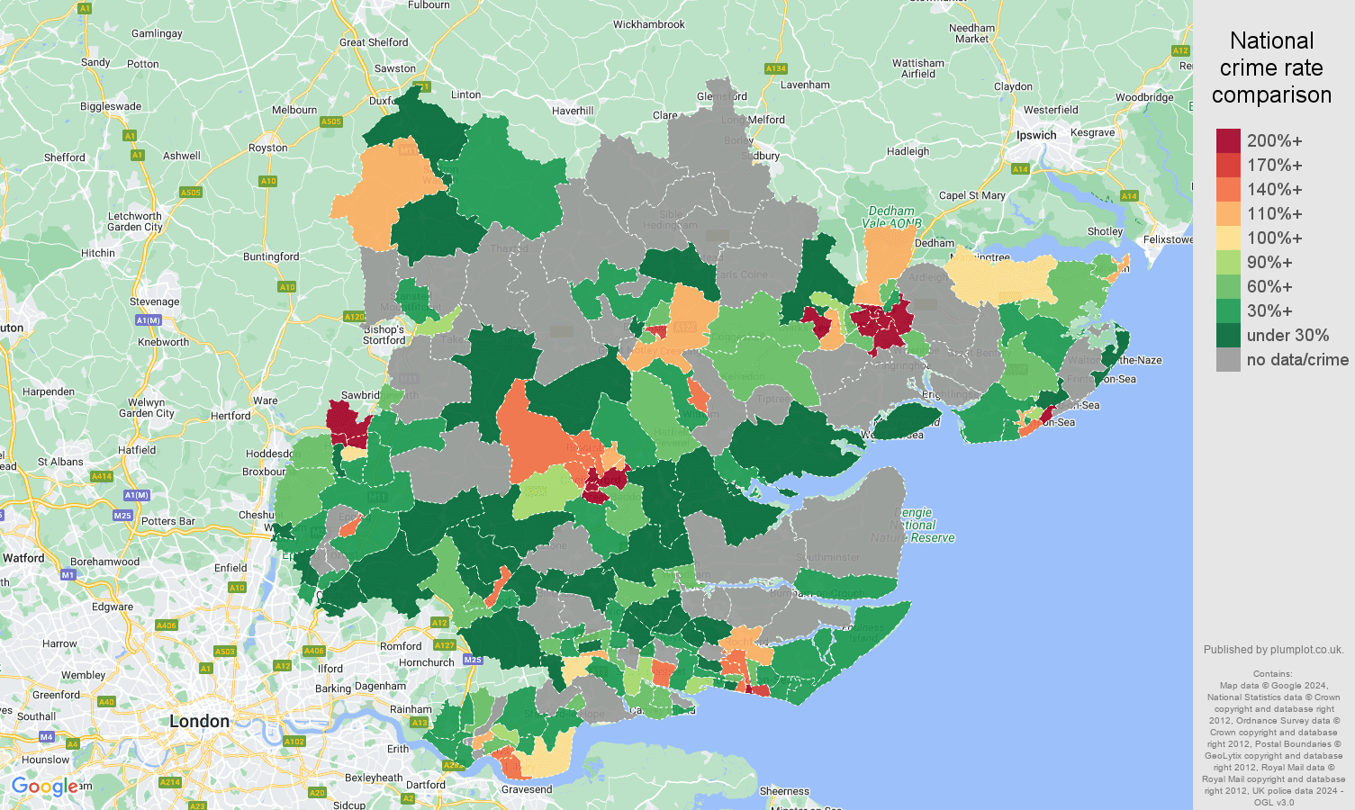 Essex bicycle theft crime rate comparison map