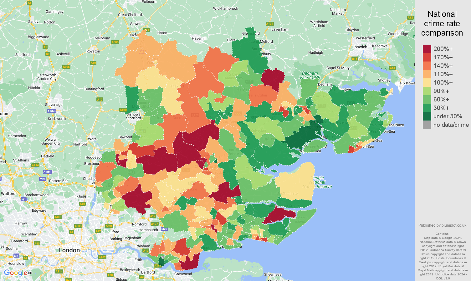 Essex burglary crime rate comparison map