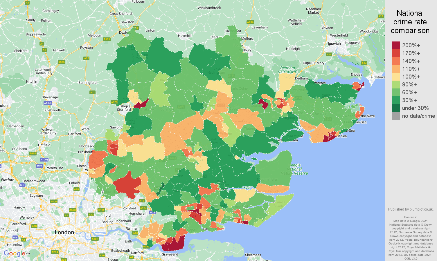Essex criminal damage and arson crime rate comparison map