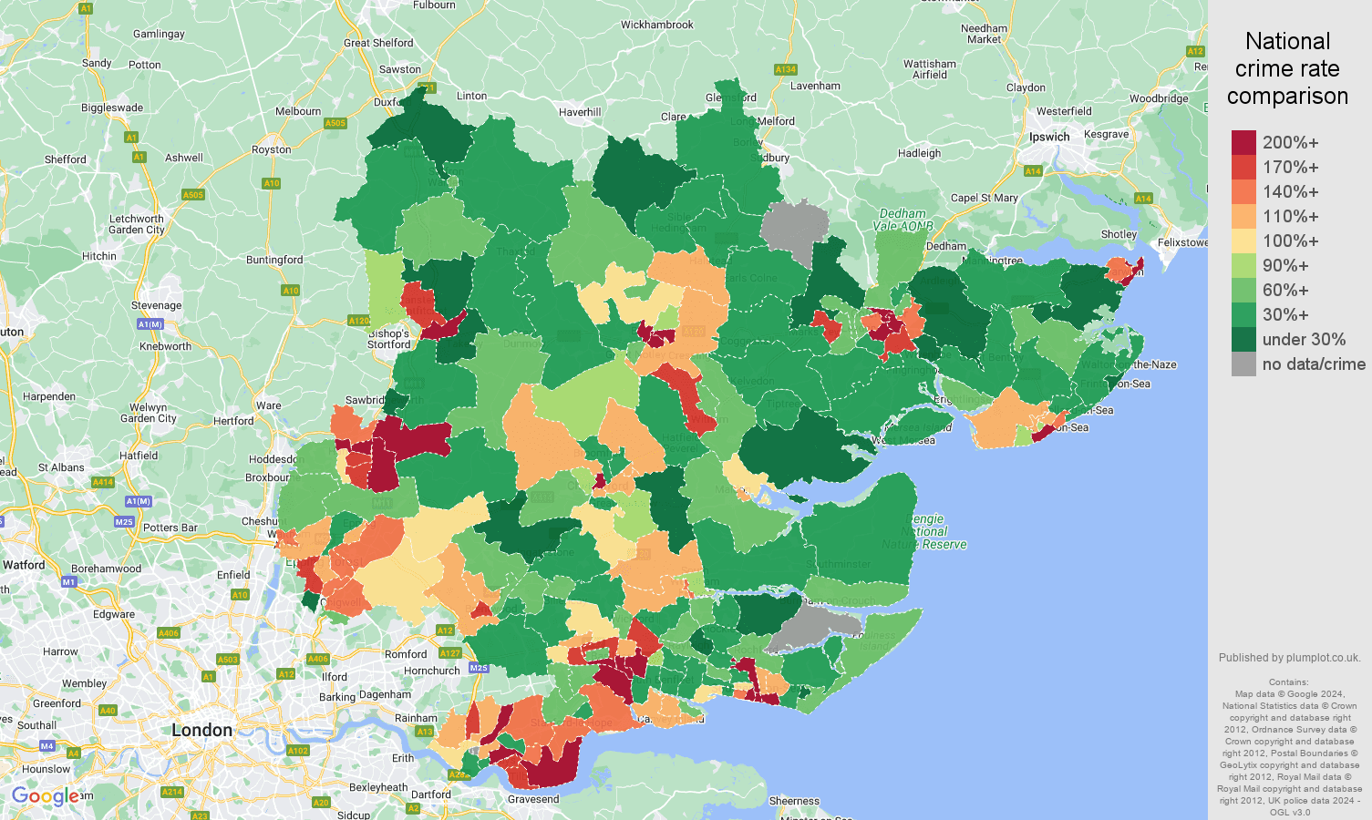 Essex drugs crime rate comparison map