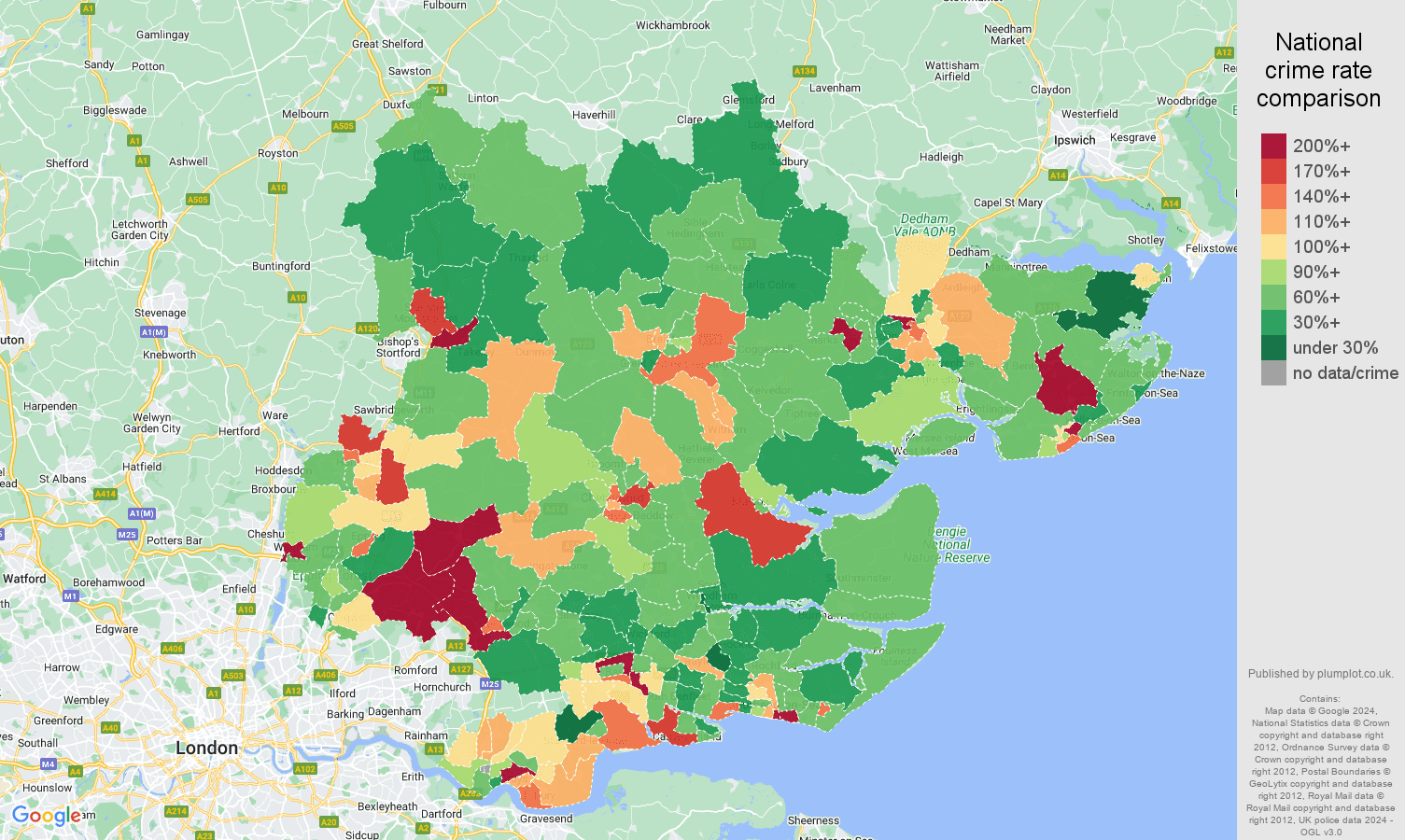 Essex other theft crime rate comparison map