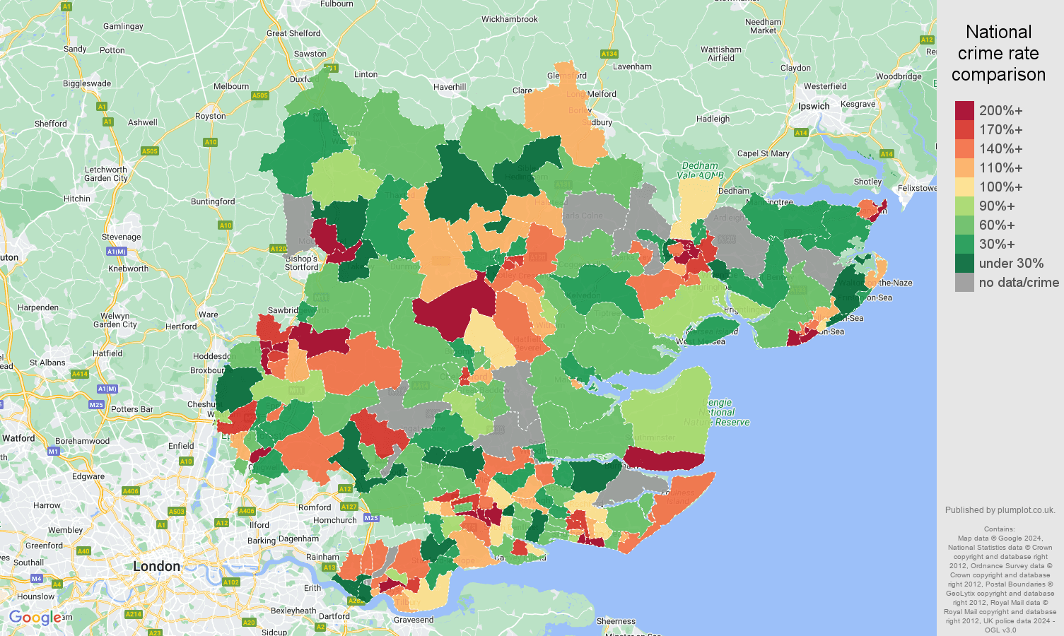Essex possession of weapons crime rate comparison map