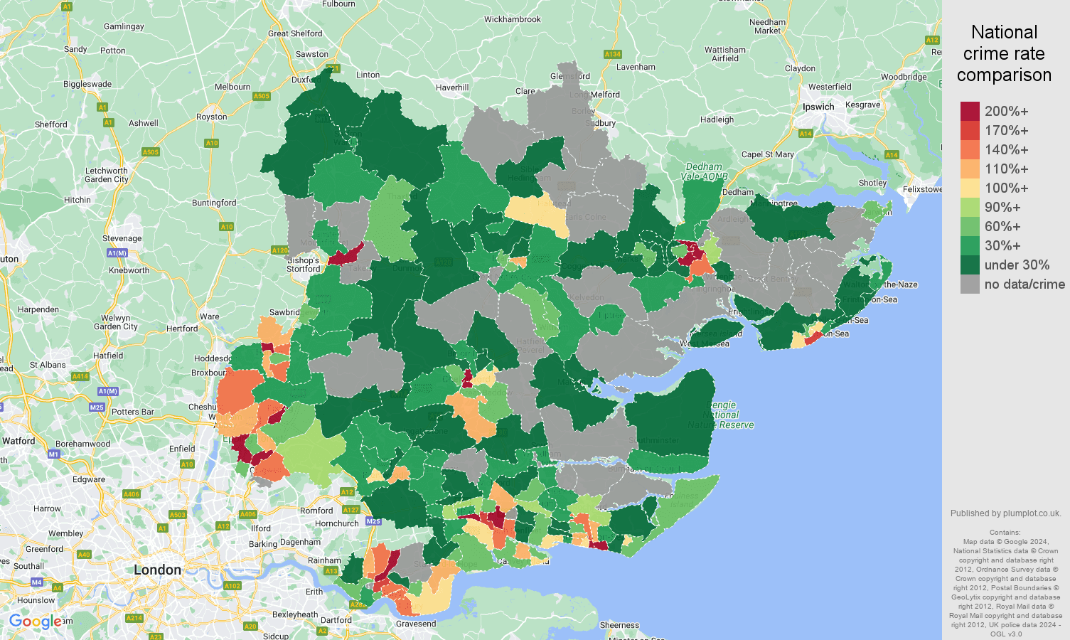 Essex robbery crime rate comparison map