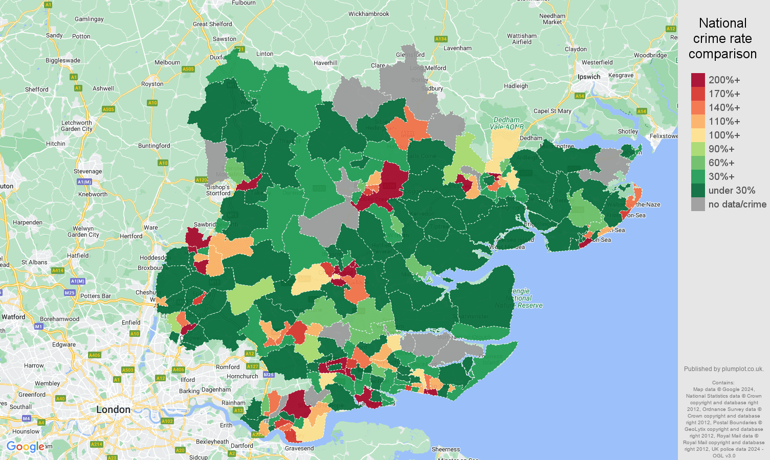 Essex shoplifting crime rate comparison map